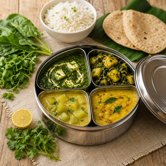 Sandhu Foods Green Powerhouse tiffin: palak paneer, methi aloo, lauki, moong daal — mild and green
