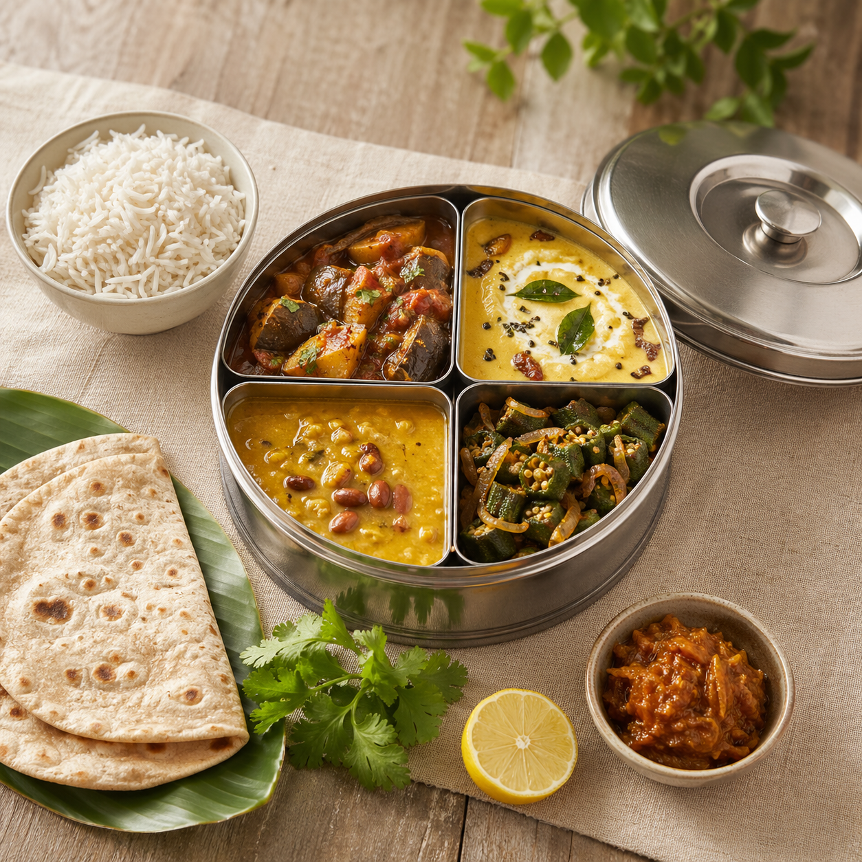 Sandhu Foods Gujarati tiffin: ringan bateta nu shaak, kadhi, daal, bhindi with rice and rotli