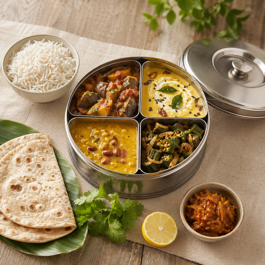 Sandhu Foods Gujarati tiffin: ringan bateta nu shaak, kadhi, daal, bhindi with rice and rotli
