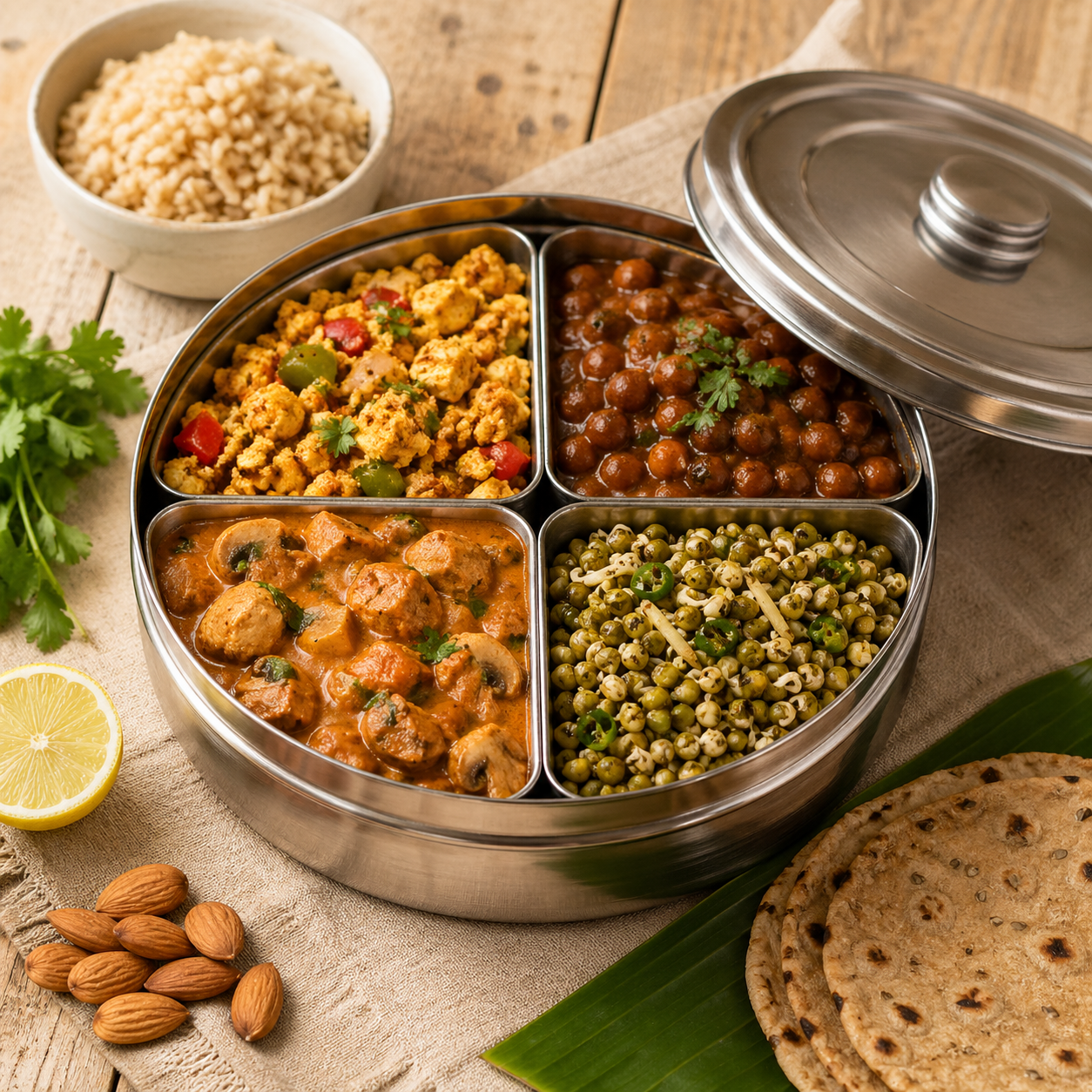 Sandhu Foods High Protein tiffin: paneer bhurji, kaale chana, soya curry, sprouted moong daal — protein-rich vegetarian meal