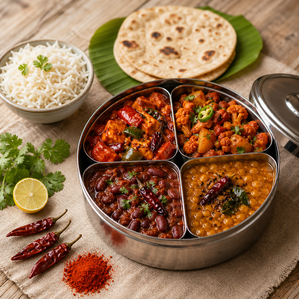 Sandhu Foods Karara (Extra Hot) Punjabi tiffin: kadhai paneer, spicy aloo gobhi, rajma, chana daal