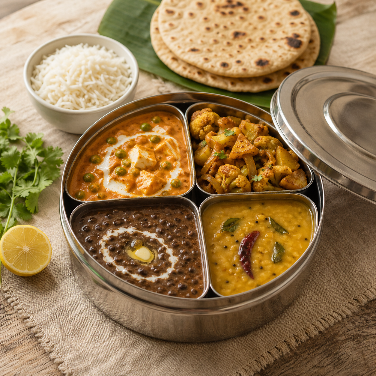 Sandhu Foods Punjabi tiffin: paneer, aloo gobhi, daal makhani, tadka daal with rice and roti
